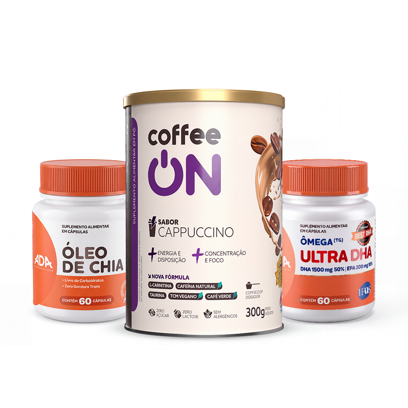 Kit Café + Ômegas: Coffee ON 300g Cappuccino + Óleo de Chia 60 Cápsulas + Ômega 3 IFOS 10 EPA 50 DHA 60 Cápsulas