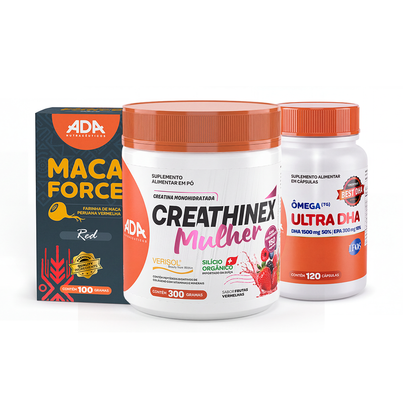 Kit Energia Feminina: Creathinex Mulher 300g + Ômega 3 IFOS 10 EPA 50 DHA 120 Cápsulas + Maca Force Vermelha