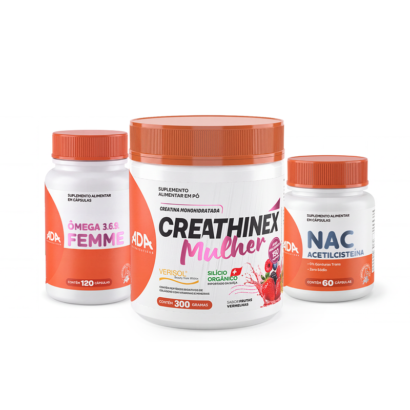 Kit Equilíbrio Feminino: Creathinex Mulher 300g + NAC 60 Cápsulas + Ômega Femme 3.6.9 120 Cápsulas