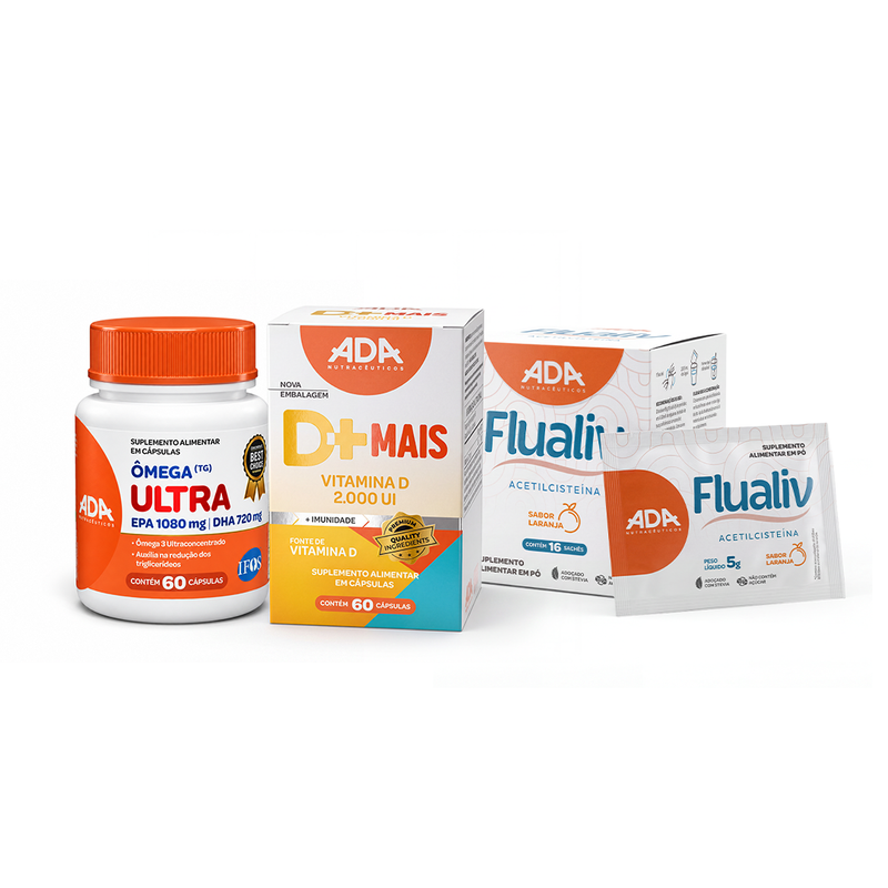 Kit Essenciais: Ômega 3 IFOS 10 EPA 50 DHA 60 Cápsulas + D+Mais Vitamina D 2.000 UI + Flualiv 16 Sachês