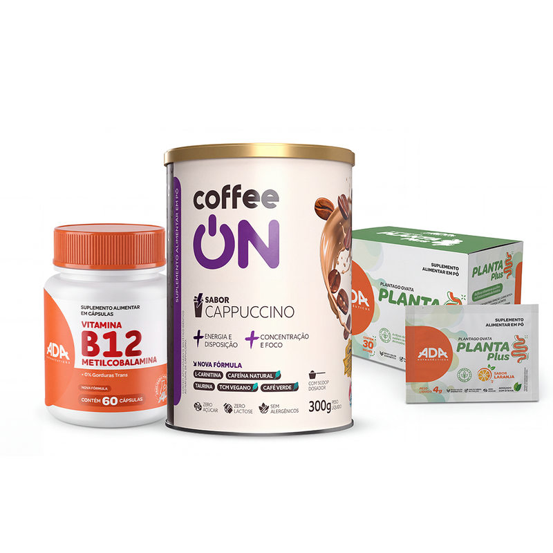 Kit Manhã Funcional: Coffee ON 300g Cappuccino + Vitamina B12 Metilcobalamina 60 Cápsulas + Psyllium 30 Sachês Laranja