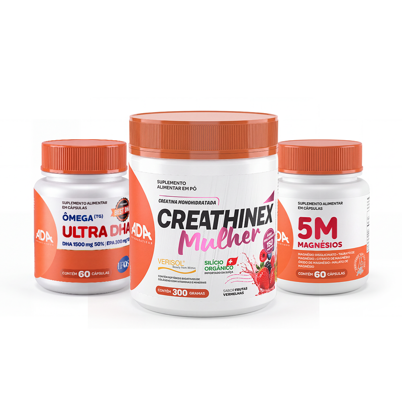 Kit Mulher Completo: Creathinex Mulher 300g + 5 Magnésios + Ômega 3 IFOS 10 EPA 50 DHA 60 Cápsulas