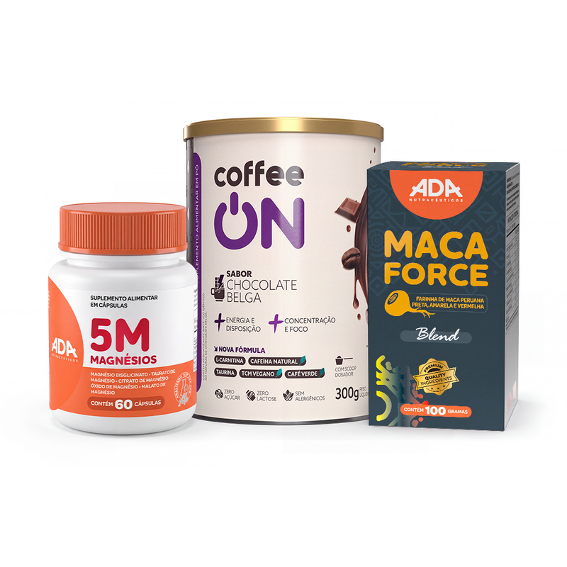 Kit Poção de Energia: Coffee ON 300g Chocolate Belga + 5 Magnésios + Maca Force Blend
