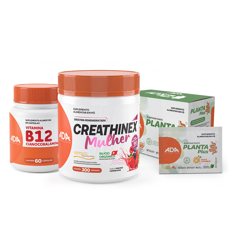 Kit Rotina Feminina: Creathinex Mulher 300g + Vitamina B12 Cianocobalamina 60 Cápsulas + Psyllium 30 Sachês Laranja