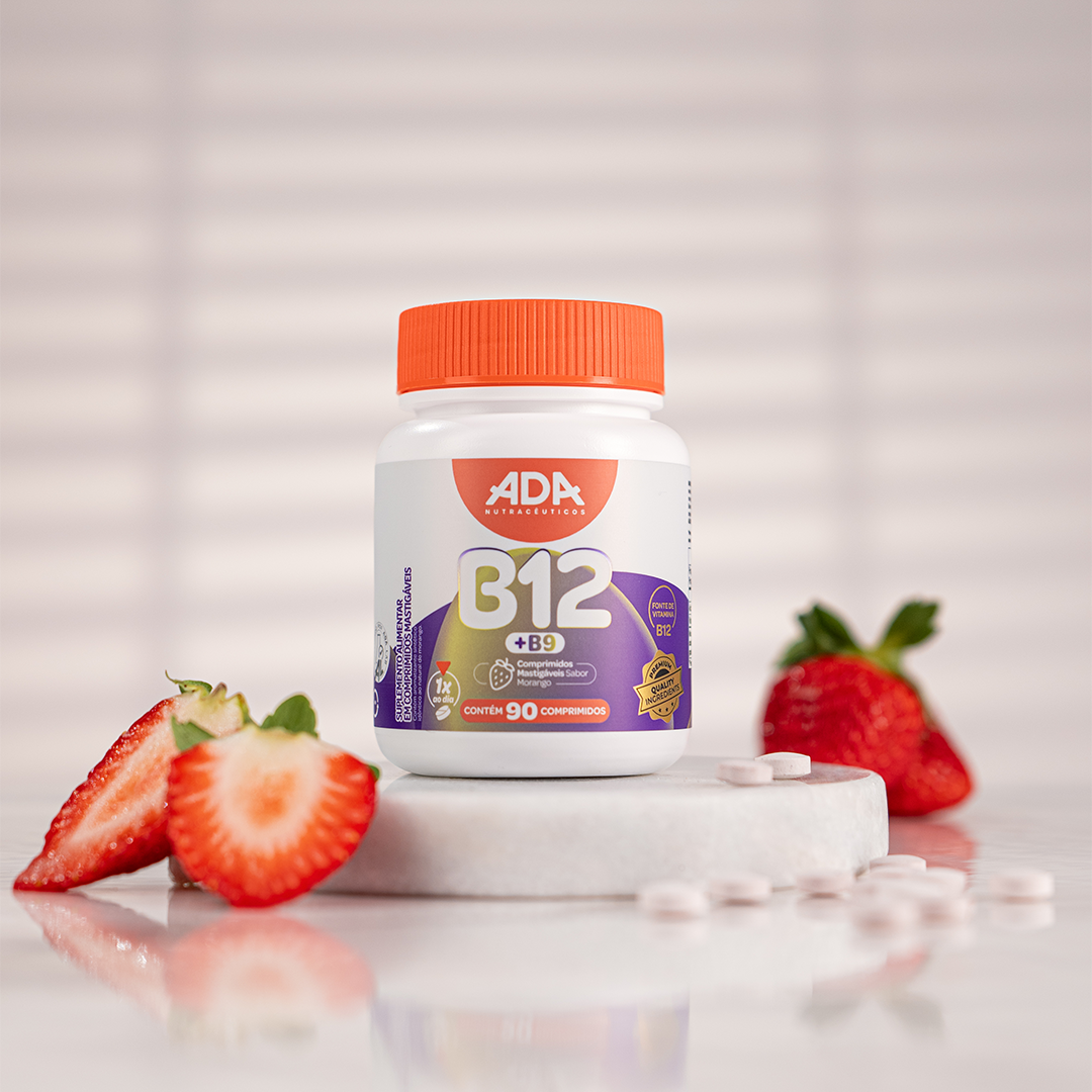 Vitamina B12 + B9 - Sabor Morango - 90 Comprimidos Mastigáveis