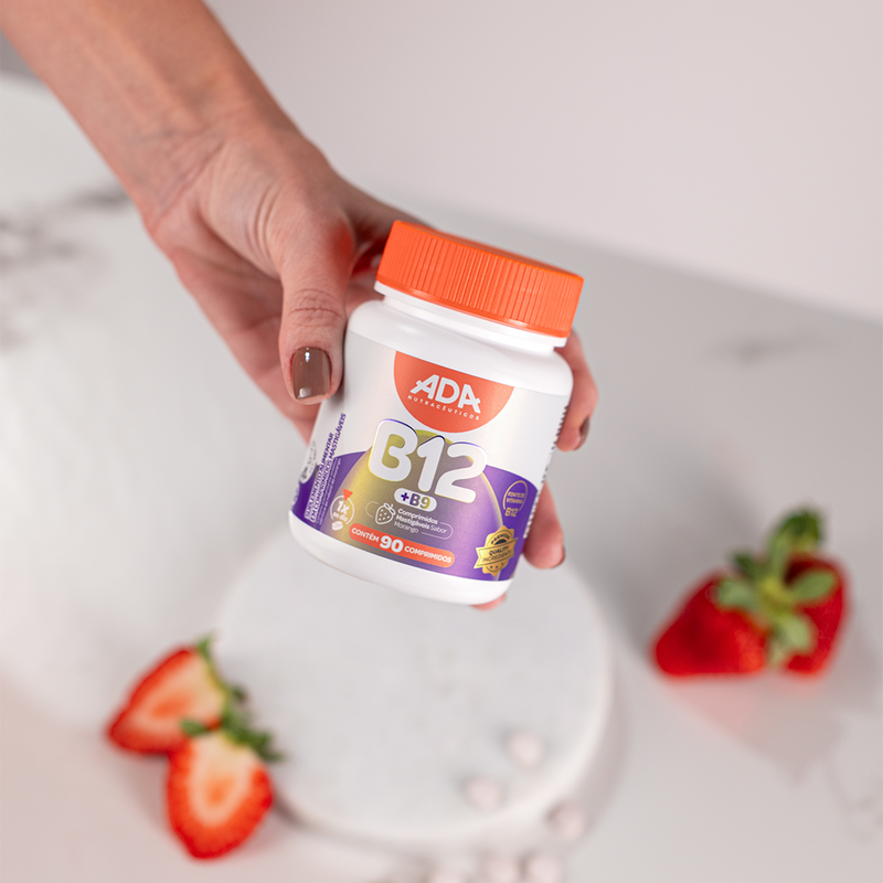 Vitamina B12 + B9 - Sabor Morango - 90 Comprimidos Mastigáveis