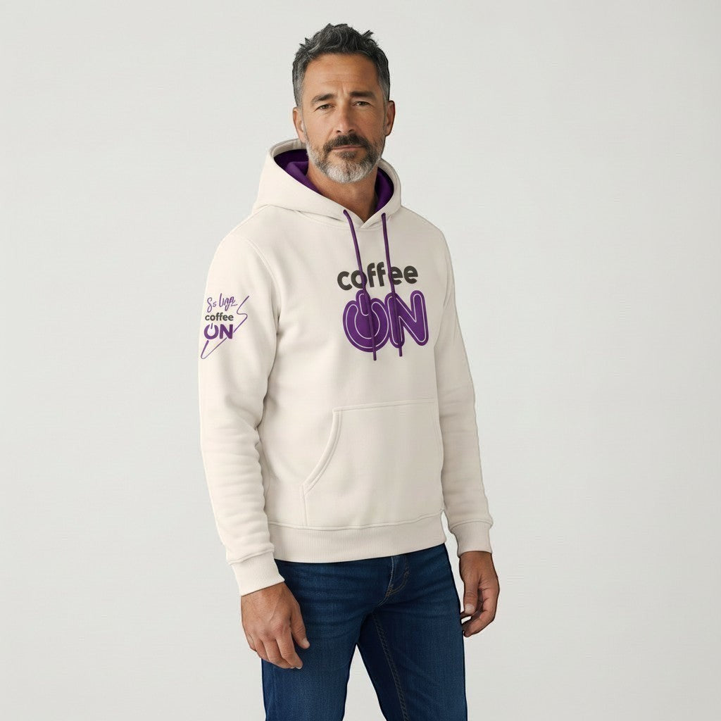Ada Nutraceuticos cream cotton hoodie with purple "Coffee ON" graphic and drawstring. Features a kangaroo pocket.