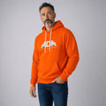 Ada Nutraceuticos orange hooded sweatshirt with white drawstrings and a front pocket. Features a 3D logo on the chest.