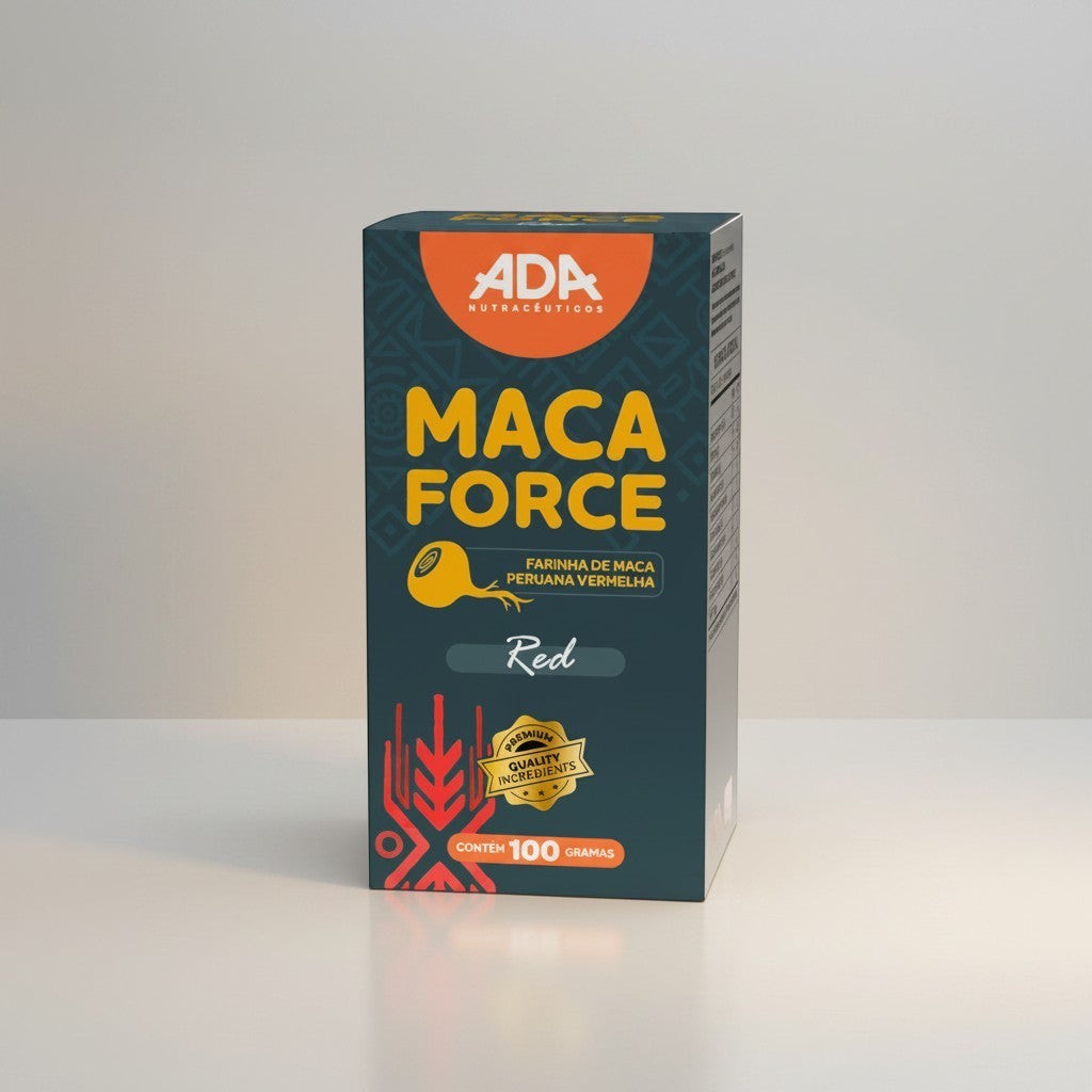 Ada Nutraceuticos Maca Force Red Peruvian Maca Flour 100g box with premium quality ingredients seal.