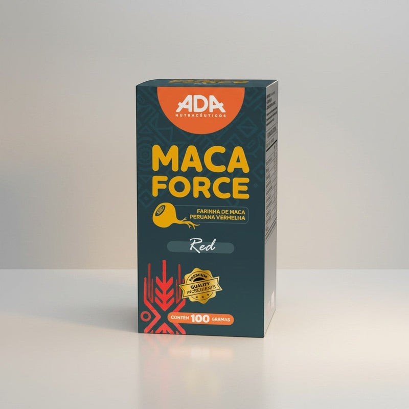Ada Nutraceuticos Maca Force Red Peruvian Maca Flour 100g box with premium quality ingredients seal.