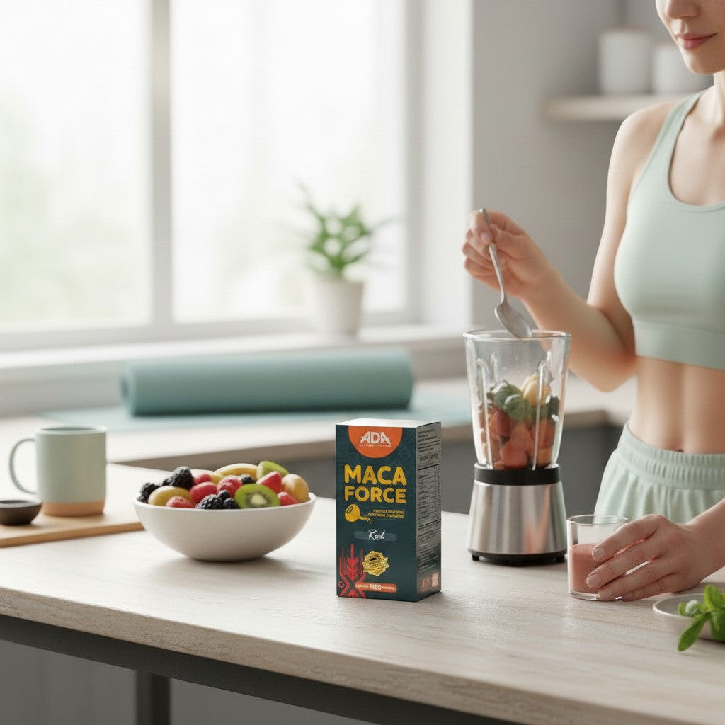 Ada Nutraceuticos Maca Force Red powder being added to a blender with fruit for a smoothie. 100g box.