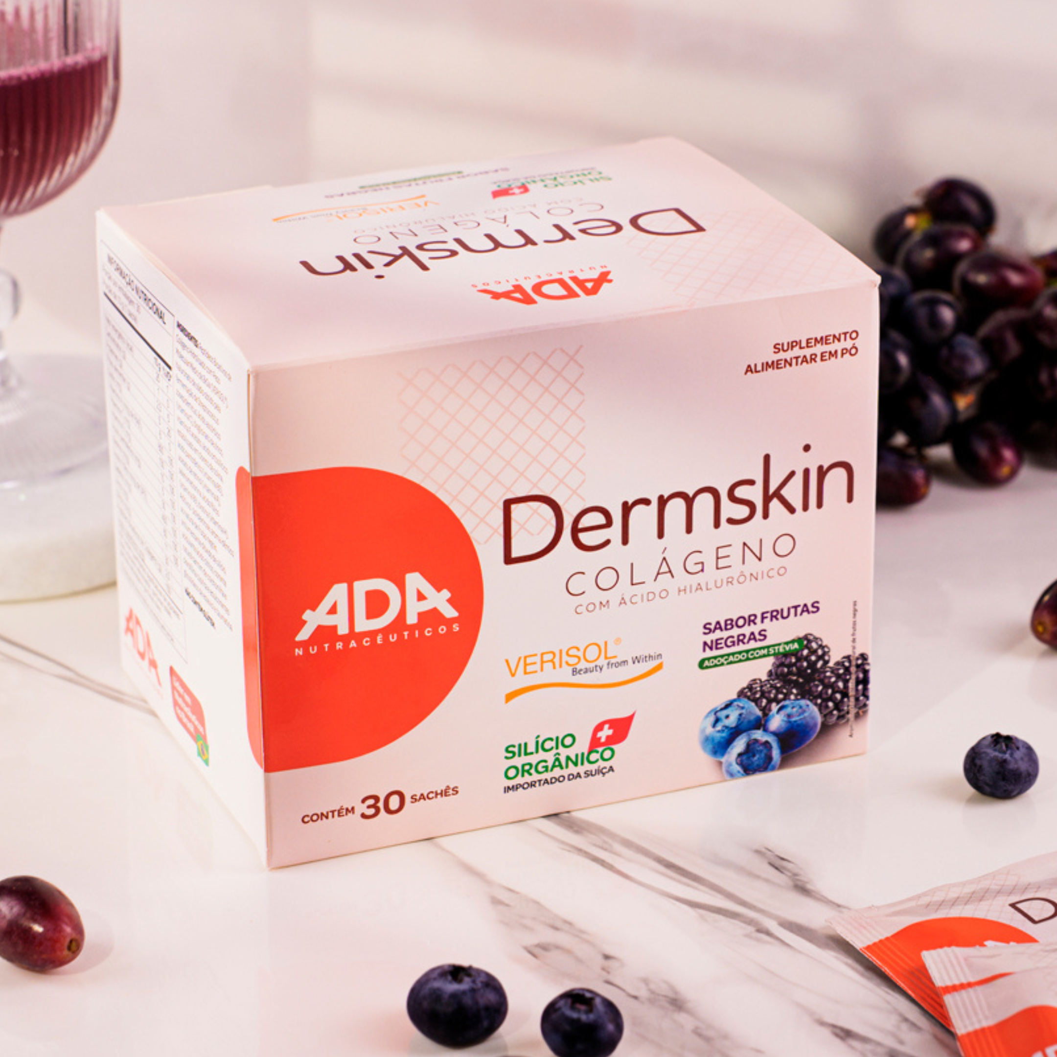 Dermskin - Colágeno Verisol + Ácido Hialurônico + Silício Orgânico - 30 Sachês 10g Frutas Negras
