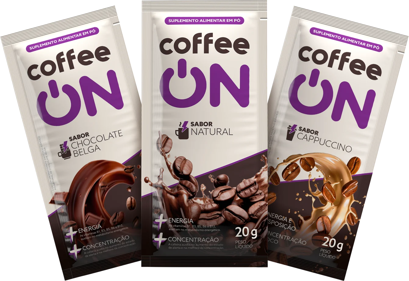 Sachês Coffee ON de 20g nos sabores Chocolate Belga, Natural e Cappuccino