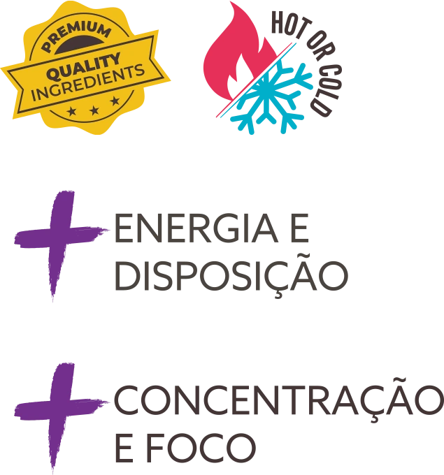 Premium Quality Ingredients · Hot or Cold · Mais energia e disposição · Mais concentração e foco